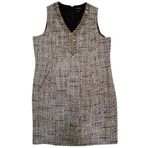 Lands' End Black Cream Tweed Golden Gemstone Sleeveless Shift Dress Size 18W